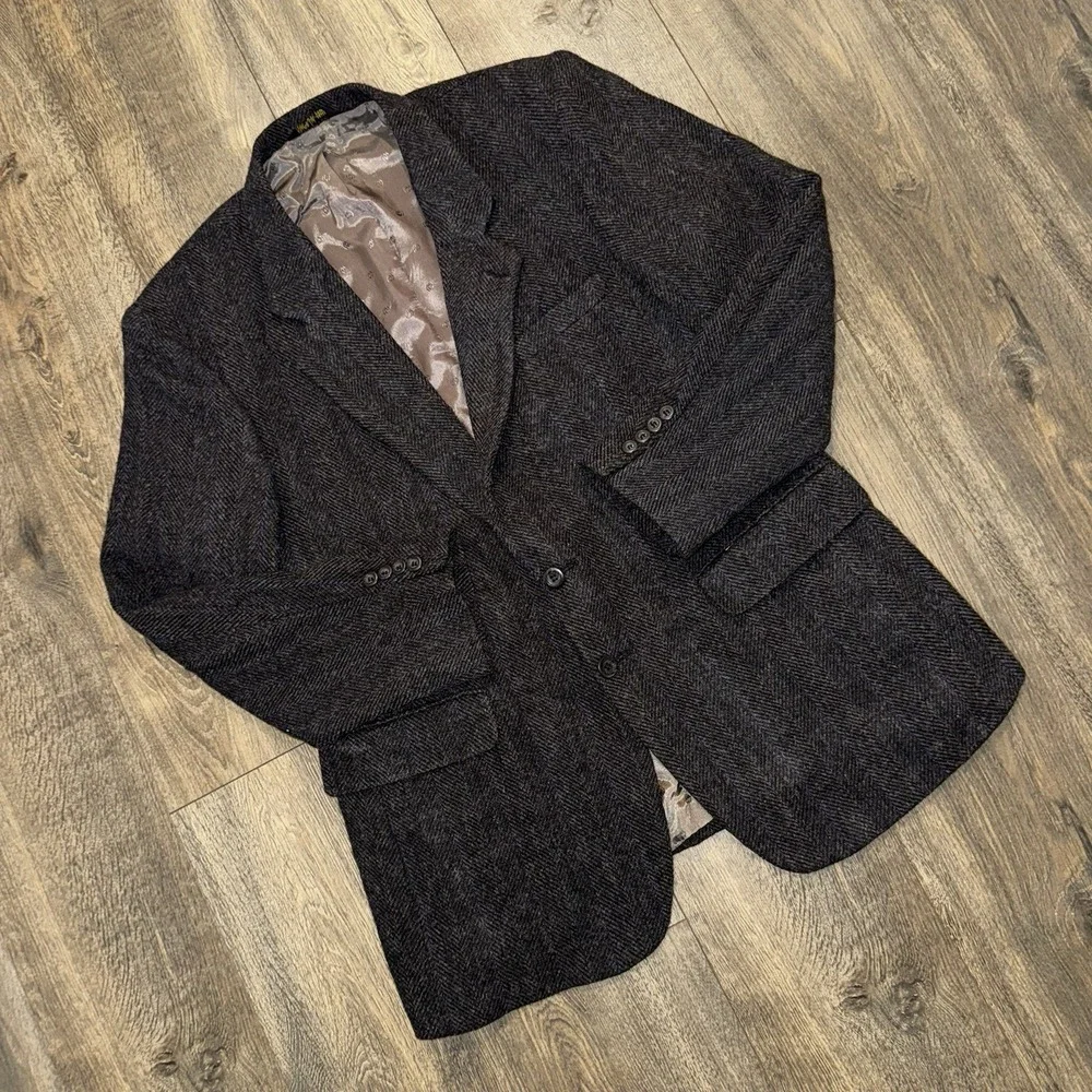 Vtg‎ Hunting Horn Wool Sport Coat Mens 44L Herringbone Tweed Blazer Suit Jacket